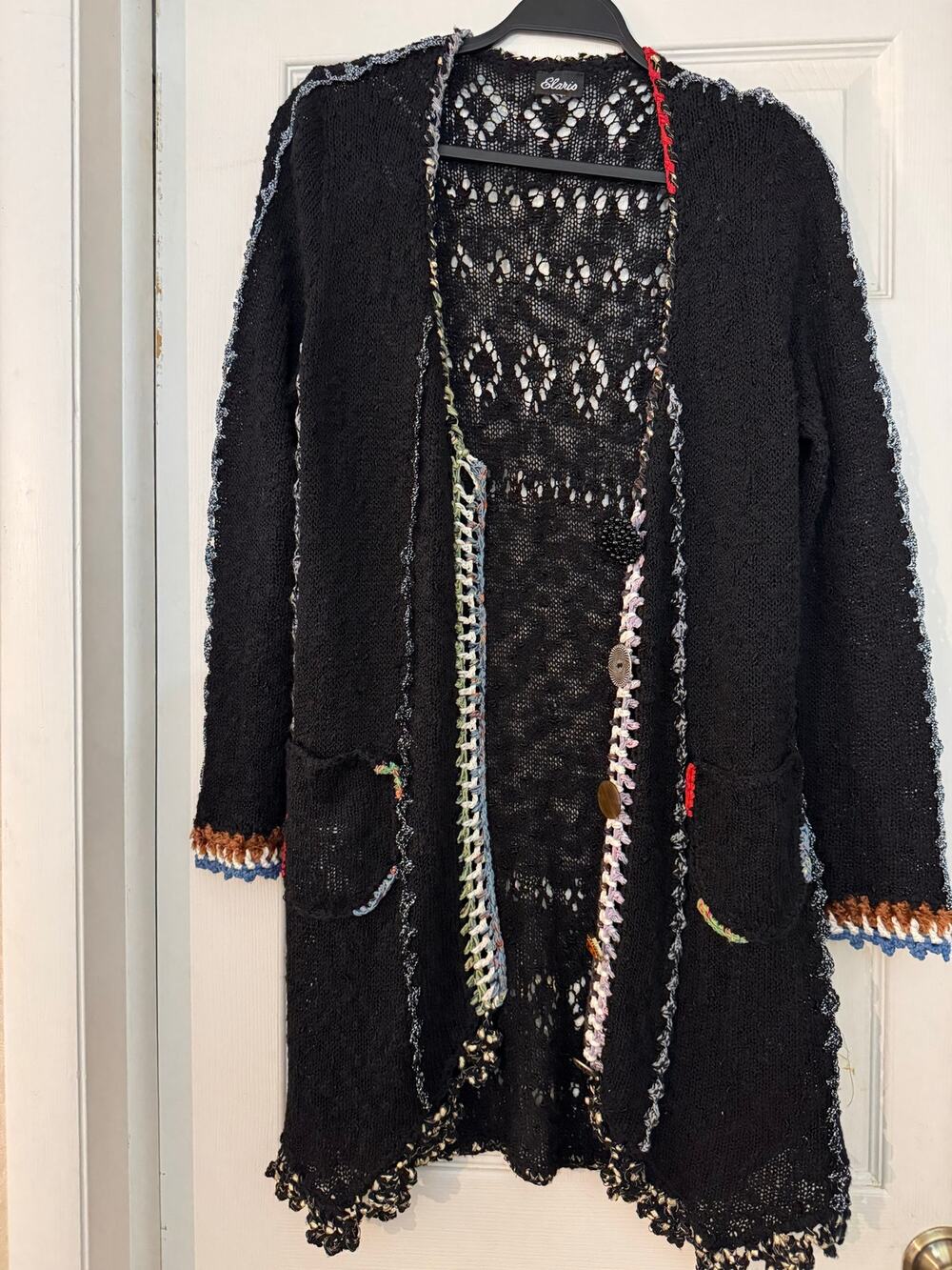 Elaris Black Crochet Knit Duster Cardigan Metallic Trim Boho Pockets Long size S